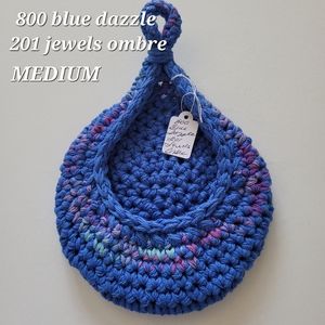 MEDIUM 800 BLUE DAZZLE 201 JEWELS OMBRE CROCHETED  HANGING WALL BASKET